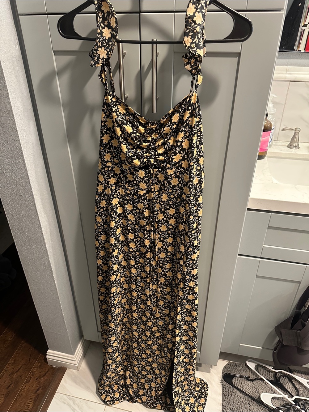 Black and Yellow Floral Tie-Strap Maxi Dress